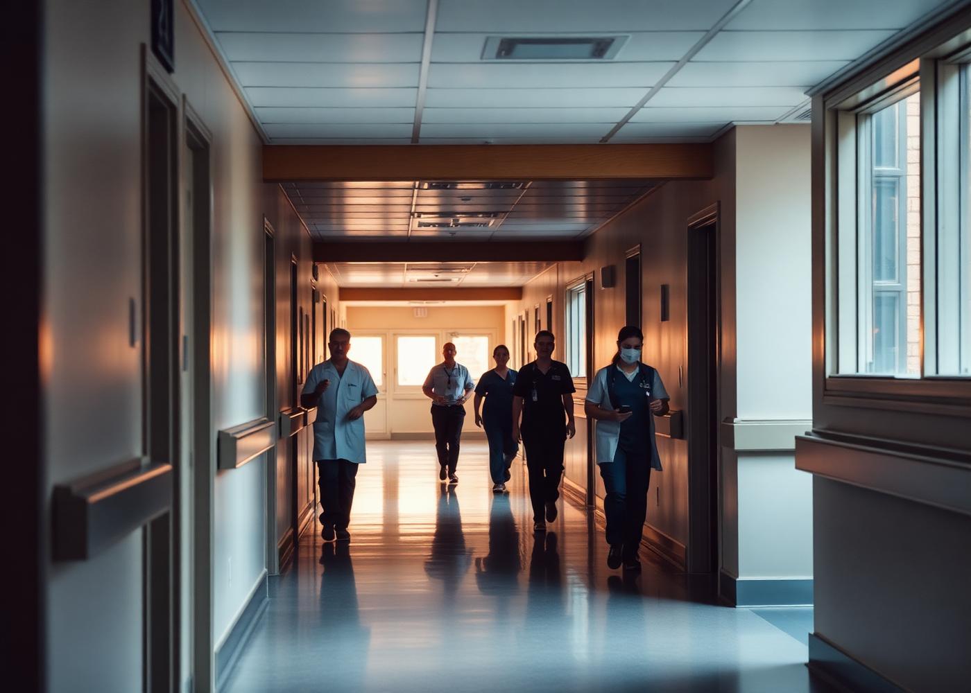 A healthcare corridor with staff at work