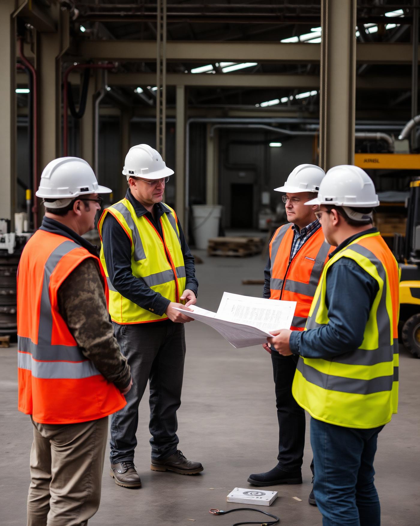 Industrial crew in hard hats and safety vests reviewing plans on a plant floor