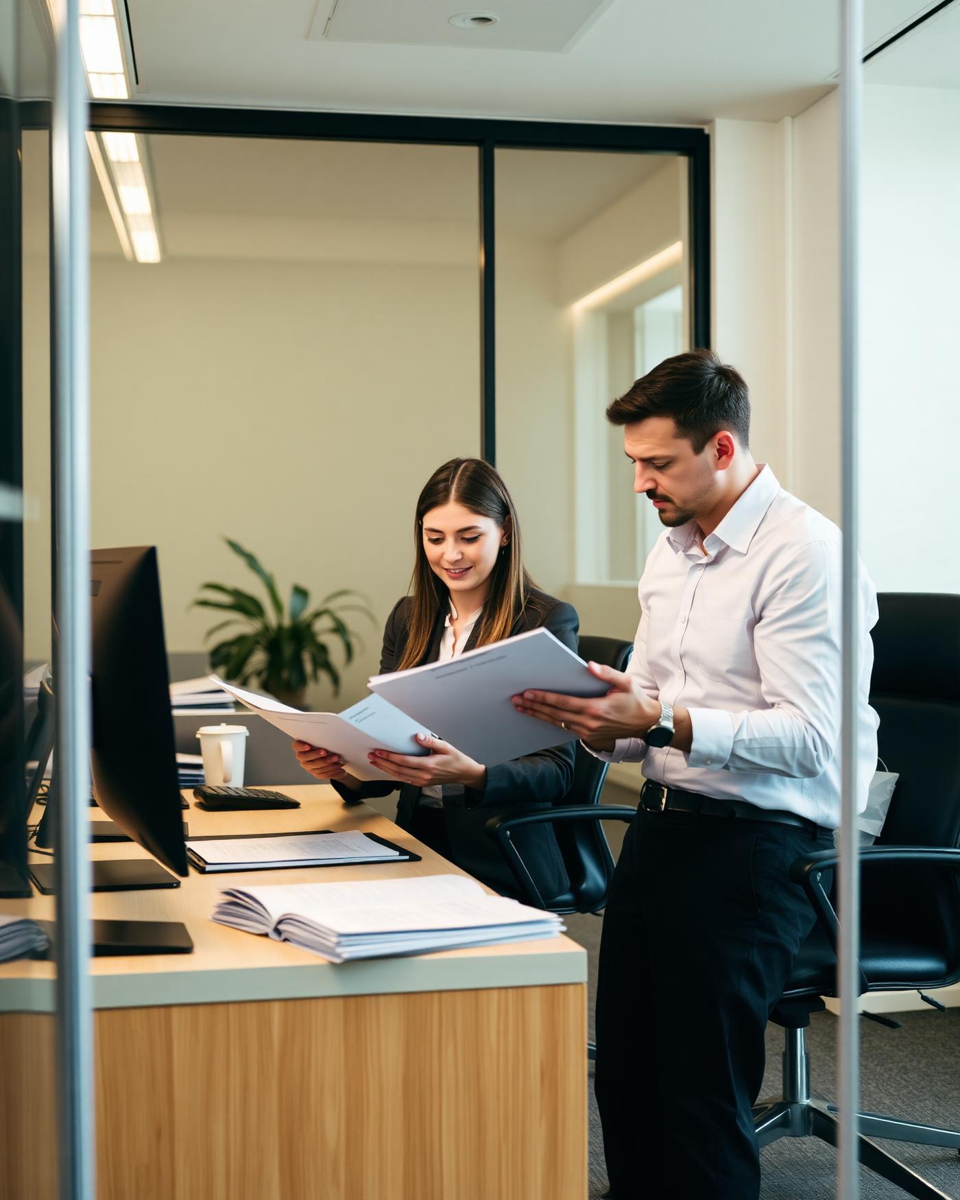 Recruiters reviewing candidate files together in a staffing office